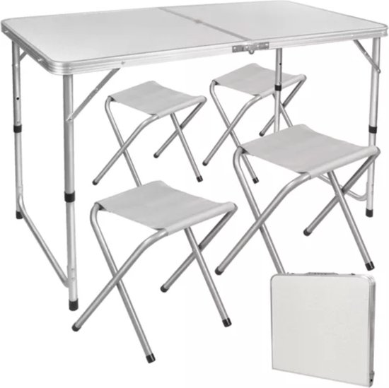 MOZY - Inklapbare Kampeertafel - met 4 Stoelen - Wit - Verstelbaar - met Parasol gat - Luxe Kampeerset - Campingtafel - Kampeermeubel - Klaptafel met stoelen - Vouwtafel van MOZY
