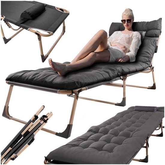 MOZY® - Ligbed - Opvouwbaar - 193 cm - Antraciet - Inclusief Kussen - 4 Standen - tot 120 kg - met Nekkussen - Ligstoel Tuin - Veldbed - Zonnebed van Merkloos