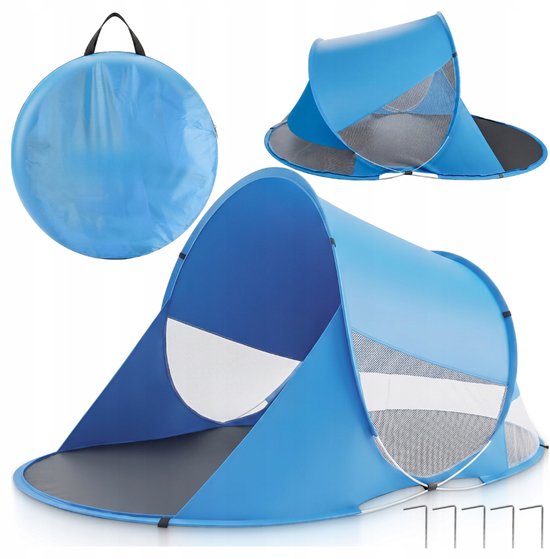 MOZY® - Pop-Up Strandtent - Blauw - 190 x 120 x 90 cm - met Draagtas - Pop Up Tent - Opvouwbaar - Zonwering - Windbescherming - Zonbescherming