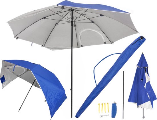 MOZY - Strandtent en Parasol - Blauw - 230 x 240 cm - XXL - SPF40 - Inclusief Draagtas - Opvouwbaar - met Haringen - UV werend - Zonbescherming - Tuinparasol van MOZY