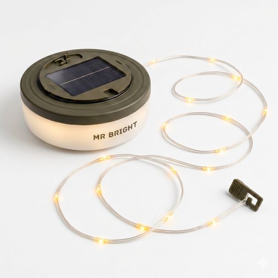 Mr. Bright® Camping Lamp met Camping Lichtsnoer 10 Meter - Oplaadbare Kampeerlamp - USB & Zonne-energie - LED Tentlamp - Oprolbaar - 8 Verlichtingsstanden - IPX4 Waterdicht