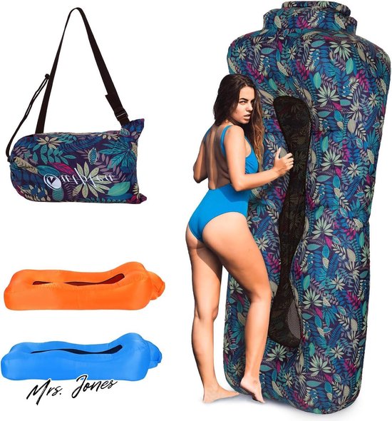 Mrs. Jones Opblaasbare ligstoel luchtbank draagbare ligstoel met mesh-rug waterdichte campingligstoel voor zwembad en strand reizen tropisch blauw . van Merkloos