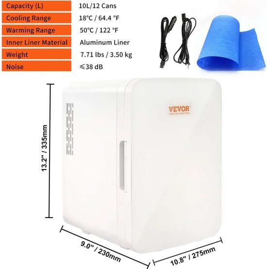MS® - Mini koelkast - Minibar - Onderweg te gebruiken - 2 Functies: warm en koel - Geruisloos - 10L inhoud - Wit - Geschikt voor cosmetica van MS®