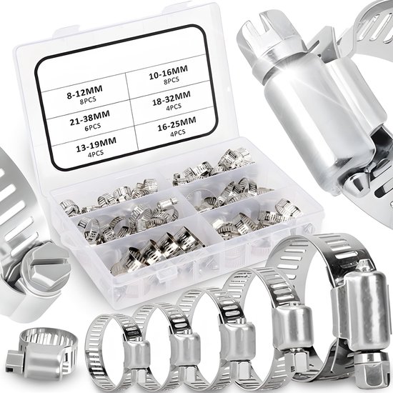 MTTproducts- Slangenklemmen Set van 34 - 6 Maten 16-32 mm - Verstelbare Klemmen - Voor Thuis/Garten/Werkplaats - Duurzaam en Betrouwbaar - Slangenklem