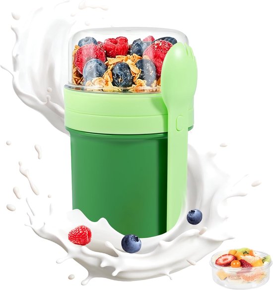 Muesli beker - Yoghurt beker to go - Overnight oats beker - Lunchbeker - Lekvrij - Met deksel - Herbruikbaar - Voor werk, school en onderweg - Groen