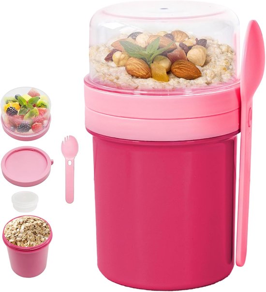 Muesli beker - Yoghurt beker to go - Overnight oats beker - Lunchbeker - Lekvrij - Met deksel - Herbruikbaar - Voor werk, school en onderweg - Roze