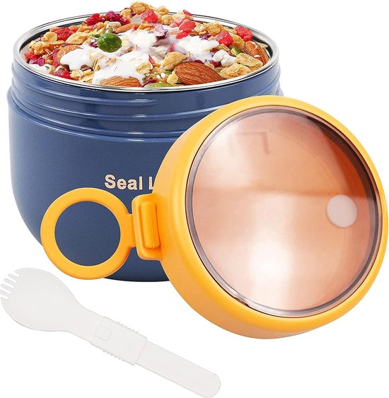 Muesli to-go mok 600ml muesli mok yoghurt mok yoghurtblik lekvrije salade to-go mok RVS lunchbox lunchpot to go & opvouwbare lepel voor elk ontbijt lunch-blauw van KESSER