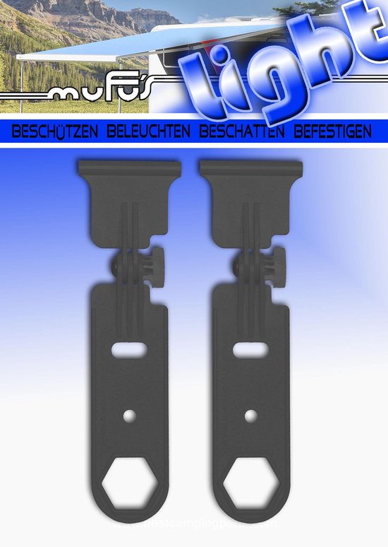 MUFU LIGHT (KLEUR ZWART) 1 SET VAN 2 OPHANGHAKEN VOOR AAN DE LUIFEL VAN CAMPER, CARAVAN, CAMPERBUS, ETC. van MUFU