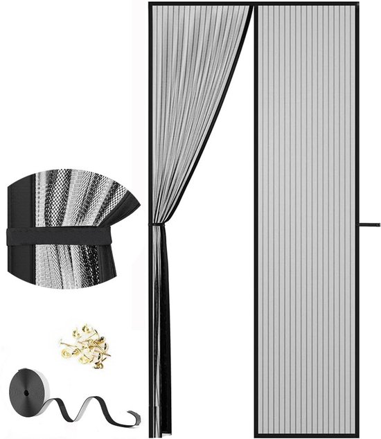 Muggengordijn voor de deur - Magnetisch deurscherm - 90 x 210 cm - Stevig muggengordijn voor de deur - Met sterke magneten - Duurzaam gaasgordijn - Houdt insecten buiten - Klittenband aan het frame - Kind- en huisdiervriendelijk - Zwart - 90*210cm van Merkloos