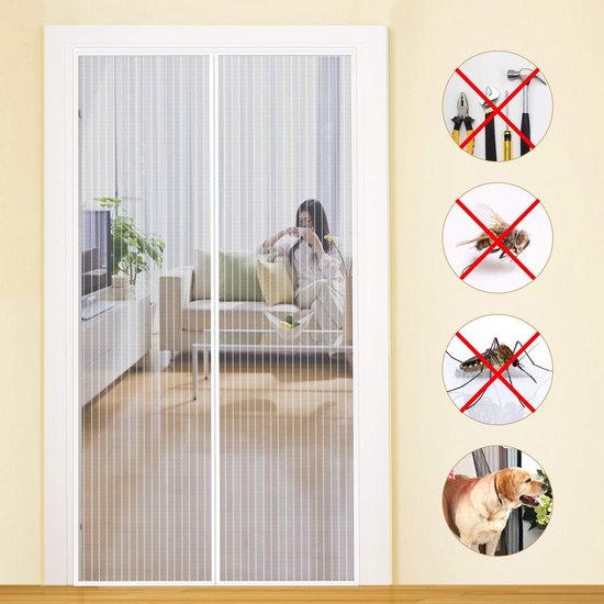 Muggenhor voor deuren en ramen 120x220cm magnetische vliegengordijnen ultrafijne magnetische horren ter voorkoming van muggen met kleefstrips wit