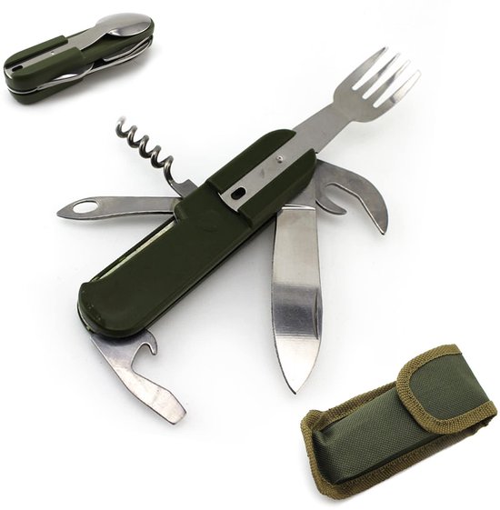 multifunctioneel zakmes camping survival opvouwbare bestekset roestvrijstalen vork lepel flesopener opvouwbaar bestek bestek geschikt voor picknick avontuur met Oxford stoffen tas (Leger groen