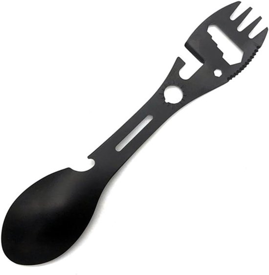 Multifunctionele Camping Spork RVS Lepel Vork met Cutter Can Flesopener Sleutel voor Picknick Reizen Wandelen (Black)