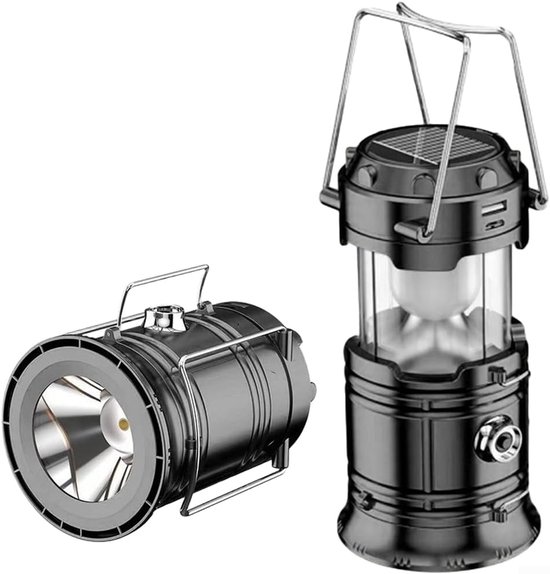Multifunctionele campinglamp op zonne-energie - ingebouwde batterij en powerbank - superhelder, Geschikt voor gebruik buitenshuis - kan gebruikt worden als draagbare retro noodlamp bij stroomuitval - zwart van Merkloos