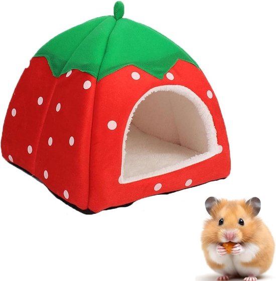 Multifunctionele huisdierbed - Winterkasteel, zacht & warm - Aardbeiontwerp, rood - Geschikt voor honden en katten - Afneembaar matje - Slaapzak (S)
