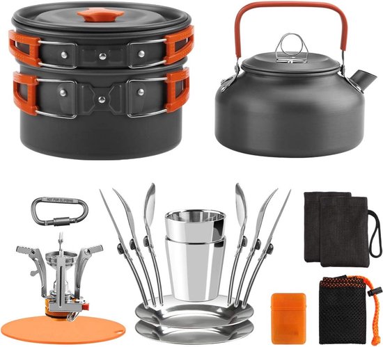 Multifunctionele mini-pannenset voor camping + kookpan voor camping, duurzaam en compact, met beker, vork en lepel voor vissen, survival, wandelen, outdoor, picknick van Merkloos