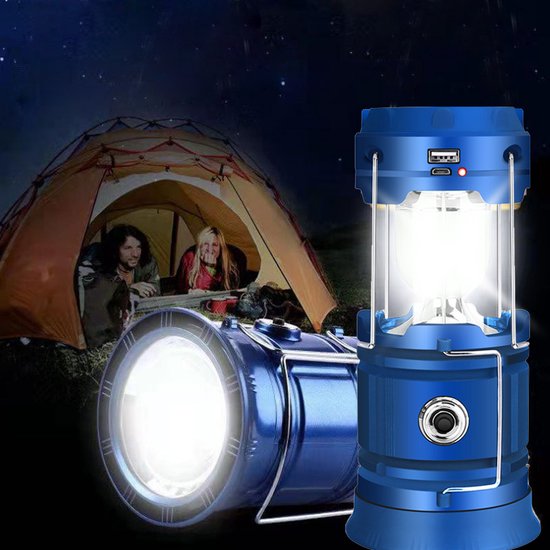 Multifunctionele Solar LED Campinglamp met Handvatten - IP10 - USB-lader en Powerbank-blauw van Merkloos