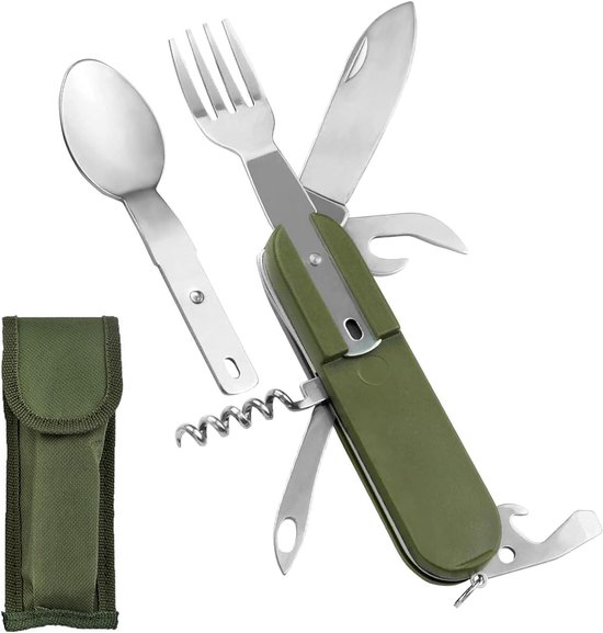 Multifunctionele Vouwbare Bestekset, 7-in-1 Camping Cutlery, Outdoor Survival, Reisbestek, Vouwbaar RVS Bestek met Opbergtas voor Kamperen en Wandelen, Ideaal voor Avontuurlijke Reizen