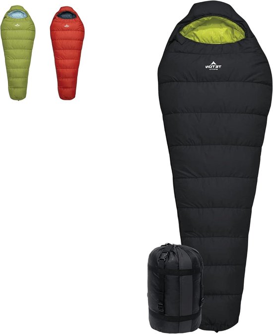 Mummie Slaapzak - Kampeerslaapzak Outdoor - Kamperen en Wandelen - Breder en Langer Ontwerp - 0F Regular - Zwart/Salie