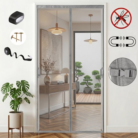 MUPOO Vliegengordijn Magnetisch – Hor Deur Schuifdeur met Verzwaarde Zoom- Zelfsluitend & Zonder Boren -hordeuren voor Schuifpui & Franse Deuren- 97x210 cm -grijs-1 stuk