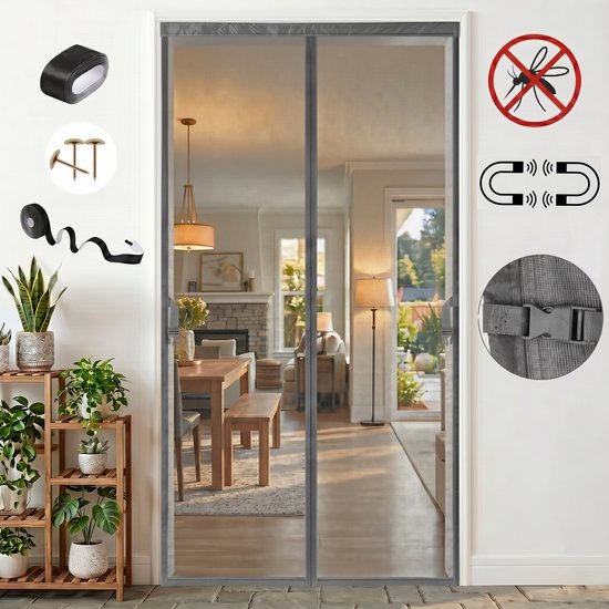MUPOO Vliegengordijn Magnetisch – Hor Deur Zelfsluitend met Verzwaarde Onderkant- Fijnmazig Insectengaas - Huisdier Vriendelijk voor Kat & Hond- voor Achterdeur & Tuin-92x210 cm -grijs-2 stuks