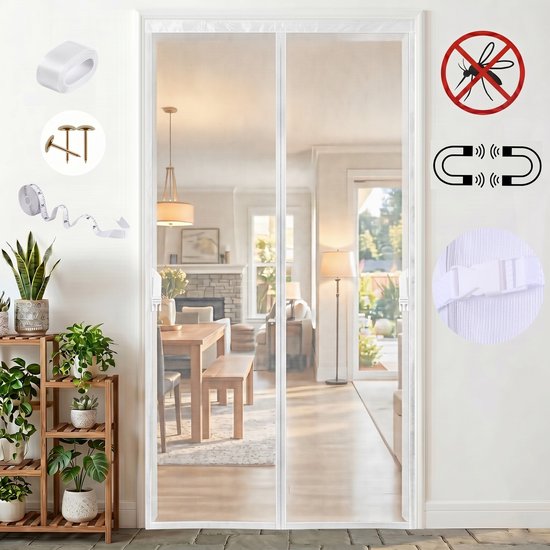 MUPOO Vliegengordijn Magnetisch – Hor Deur Zelfsluitend met Verzwaarde Onderkant- Fijnmazig Insectengaas - Huisdier Vriendelijk voor Kat & Hond- voor Achterdeur & Tuin-92x210 cm -Wit-2 stuks