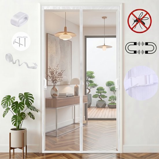 MUPOO Vliegengordijn Magnetisch – hordeuren met Sterke Magneten & Verzwaarde Zoom- Zelfsluitend en Zonder Boren -deur tegen insecten voor Voordeur & Balkon-92x204 cm -Wit-1 stuk van Merkloos