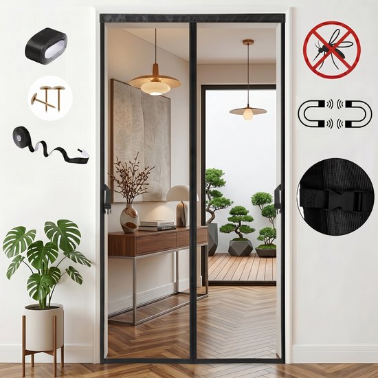 MUPOO Vliegengordijn Magnetisch – hordeuren met Sterke Magneten & Verzwaarde Zoom- Zelfsluitend en Zonder Boren -deur tegen insecten voor Voordeur & Balkon-92x204 cm -Zwart-1 stuk