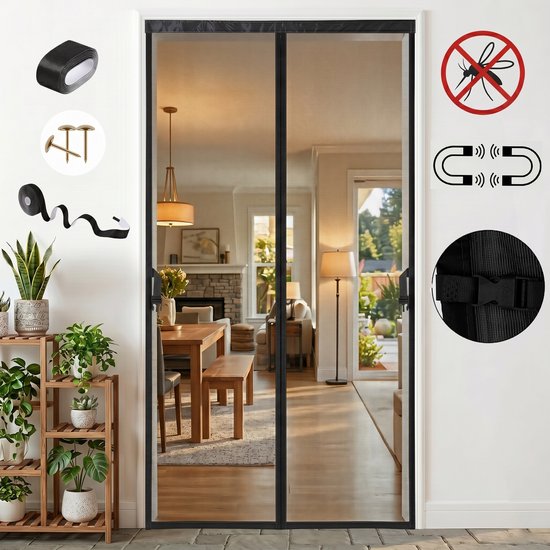 MUPOO Vliegengordijn Magnetisch – hordeuren met Sterke Magneten & Verzwaarde Zoom- Zelfsluitend en Zonder Boren -deur tegen insecten voor Voordeur & Balkon-92x204 cm -Zwart-2 stuks