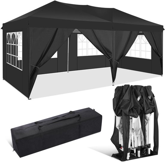 Mura Partytent - Pop Up Tent - Overkapping - Paviljoen - 6 Verwijderbare Zijwanden - 3x6m Formaat - Opvouwbaar - Inc. Zak - Zwart