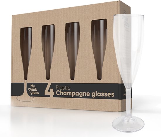 MyDrinkglass Plastic Champagne Glazen Givet Transparant - Set van 4 Stuks - Onbreekbaar - Kunststof Champagneglazen voor de Camping - Herbruikbaar Flute voor Cava of Prosecco - 190 ML van MyDrinkglass