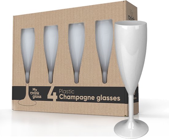 MyDrinkglass Plastic Champagne Glazen Givet Wit - Set van 4 Stuks - Onbreekbaar - Kunststof Champagneglazen voor de Camping - Herbruikbaar Flute voor Cava of Prosecco - 190 ML van MyDrinkglass