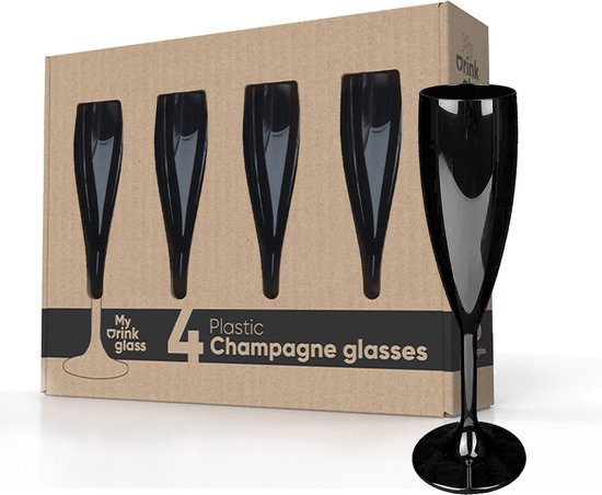 MyDrinkglass Plastic Champagne Glazen Givet Zwart - Set van 4 Stuks - Onbreekbaar - Kunststof Champagneglazen voor de Camping - Herbruikbaar Flute voor Cava of Prosecco - 190 ML van MyDrinkglass