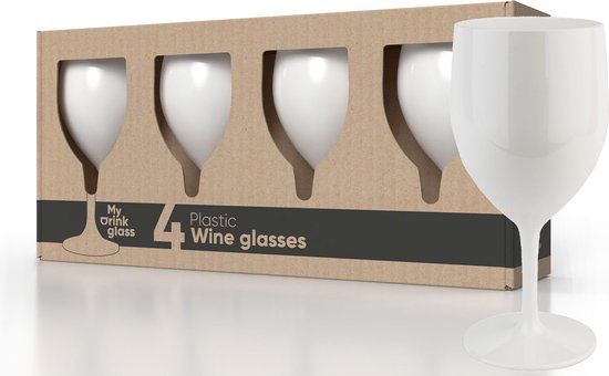 MyDrinkglass Plastic Wijnglazen Lissabon Wit - Set van 4 Stuks - Onbreekbaar - Kunststof Glazen voor Witte of Rode Wijn - Herbruikbaar Wijnglas geschikt voor de Camping - 270 ml van MyDrinkglass