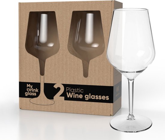 MyDrinkglass Plastic Wijnglazen Transparant - Set van 2 Stuks - Onbreekbaar - Kunststof Glazen voor Witte of Rode Wijn - Herbruikbaar Wijnglas geschikt voor de camping - 470 ml van MyDrinkglass