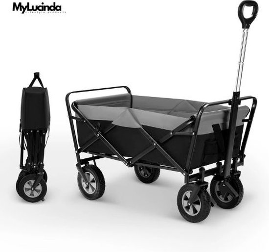 MyLucinda® Opvouwbare Bolderkar 100L – Transportwagen Met Verstelbaar Handvat & Zijvak – Voor Alle Terreinen – Max. 80kg – Zwart van MyLucinda