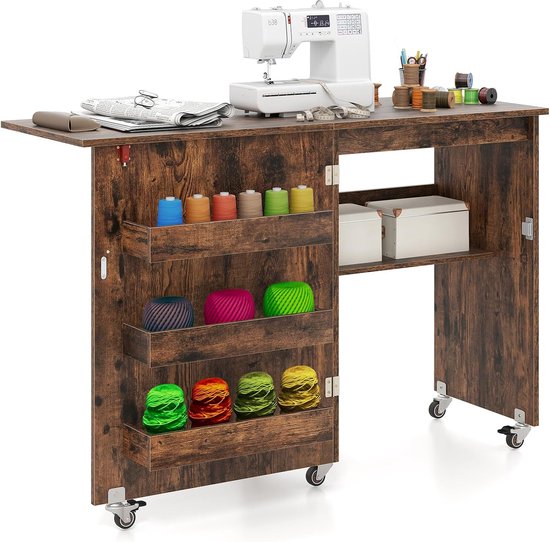 Naaitafel - Hobbytafel - Creatief bezig zijn - Inklapbaar en verrijdbaar - 119 x 40 cm - Vintage bruin