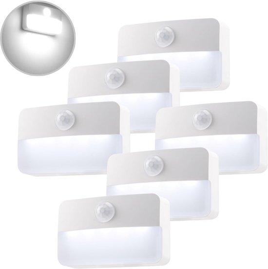 Nachtlampje met bewegingsmelder binnen batterij, 6 stuks LED trapverlichting, kastlicht Auto AAN/UIT, sensorlicht 6000K warm wit voor hal, slaapkamer, keuken