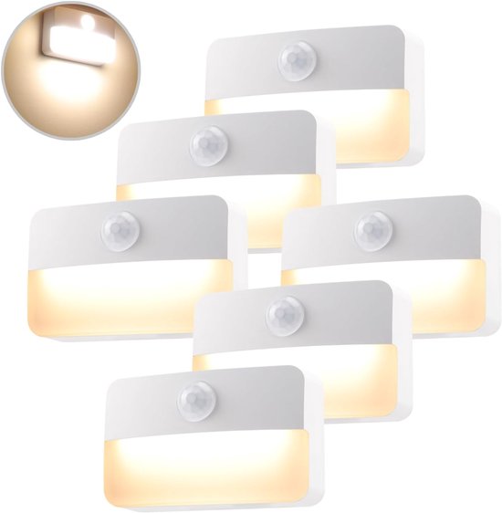 Nachtlampje met bewegingsmelder voor binnen, batterij, 6 stuks, led-trapverlichting, kastlicht, auto aan/uit, sensorlicht, 3000 K, warmwit, voor hal, slaapkamer, keuken