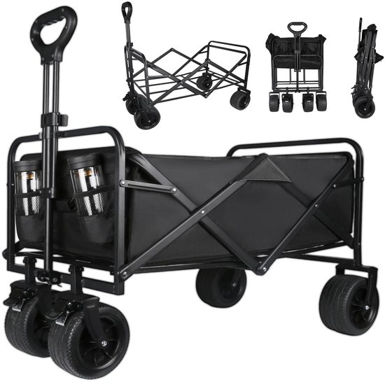 NaevaMi Bolderkar Opvouwbaar - All-Terrain Strandwagen - Bolderkar voor Kinderen, Kamperen & Boodschappen - Opvouwbare Trolley met Wielen - Draagvermogen 150kg - 150L Inhoud - Zwart/Grijs van NaevaMi