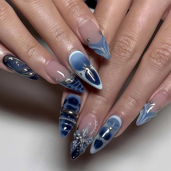 Nagels Franse Punt Middelgrote Vingernagels Met 3D Bloemen Patroon Blauwe Lente Nagelstickers Glinsterende Kunstnagels Voor Dames 24