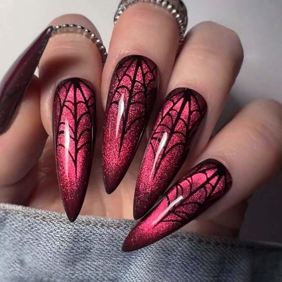 Nagels om op te plakken, 24 stuks Cat Eye press-on nagels, Halloween, donkerrood, spinnenweb, lange vingernagels om op te plakken, volledige cover, kunstnagels, rozerood, kunstnagels, nail art