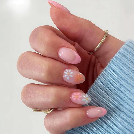 Nagels om op te plakken, 24 stuks Press On Nails Almond & Press Ons, Press On Nagels met roze French Tip en madeliefjesontwerp