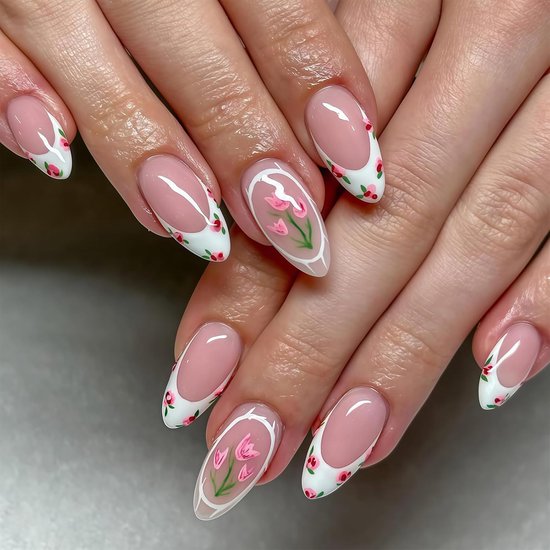 Nagels Om Op Te Plakken En Press On Nails Kort Set Voor Beginners, Vrouwen, Studenten Bij Bruiloften, Feesten, Dates, Amandel Roze Nepnagels Met Tulp Motieven