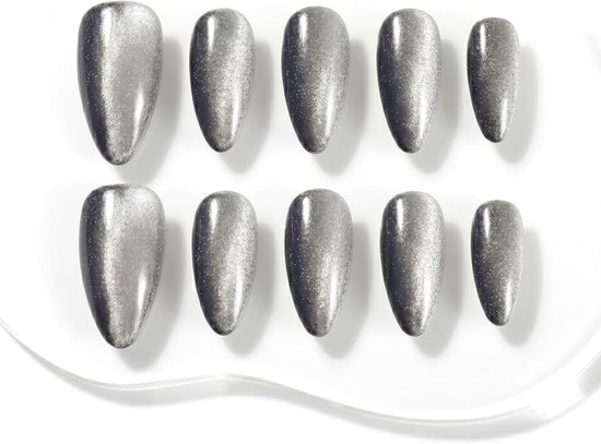 Nails Handmade Press-on Medium Long Almond Black Silver Cat Eye Design Charming False Nail Tips 10 Pcs (#125 XS)