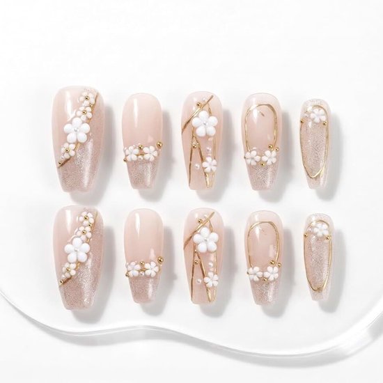 Nails Handmade Press On Nail Long Coffin Ballerina Plum Blossom Pink Acrylic Fake Tip 3D Design Art Charms Cute with Storage Box 10 Pcs (#010 XS)