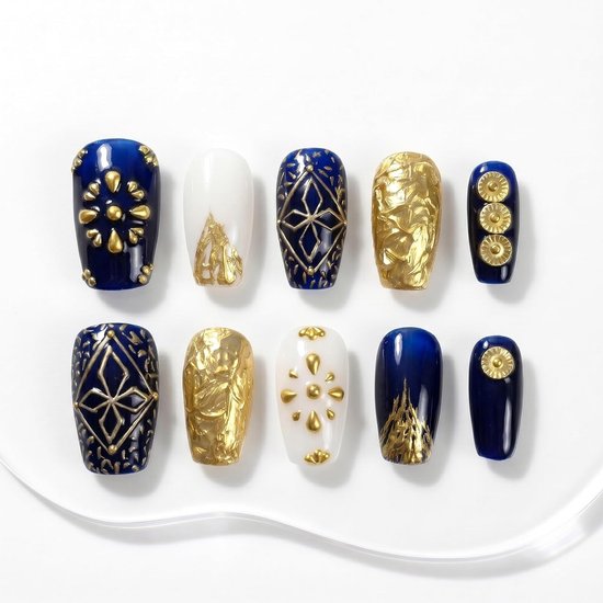 Nails Handmade Press On Short Coffin Blue Golden Cross Bohemia Design Charming Cute False Nail Tips 10 Pcs (#102 S)