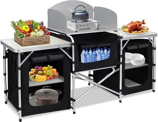 NAIZY 174 x 52 x 110 cm outdoor camping keuken set opvouwbare campingkasten incl. 5 mm MDF-platen & draagtas & metalen frame mobiele tentkast voor picknicks stranduitstapjes barbecue-avonden