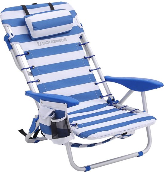 naqsh store  strandstoel met hoofdkussen, aluminium, draagbare vouwstoel, campingstoel, opvouwbaar en verstelbaar, zoals Een rugzak draagbaar, buitenstoel, blauw en wit gestreept GCB62BU van Merkloos