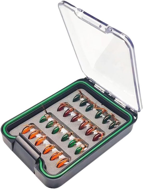 Natte vliegen, nimfen en muggen, vliegenbox voor forel, baars, regenboogforel en zalm, visaas