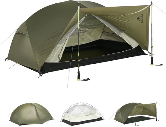 Naturehike Mongar PRO 3 – 3-persoons lichtgewicht tent – Incl. grondzeil – 20D 3000MM – 3-seizoenen koepeltent – Waterdichte trekkerstent & kampeertent – Olijfgroen van Merkloos